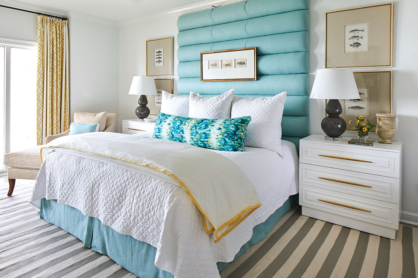 White bedroom with turquoise accents