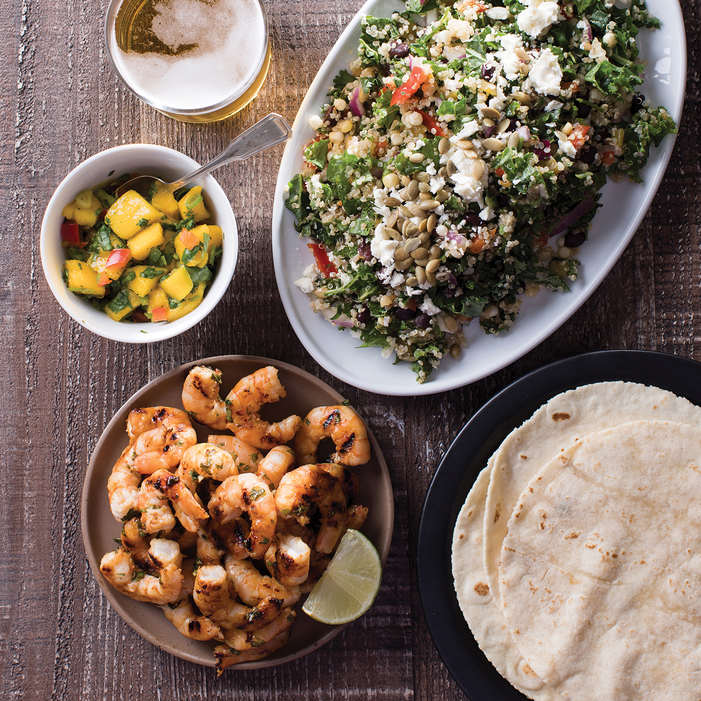 honey lime shrimp and black bean and silver queen corn quinoa salad