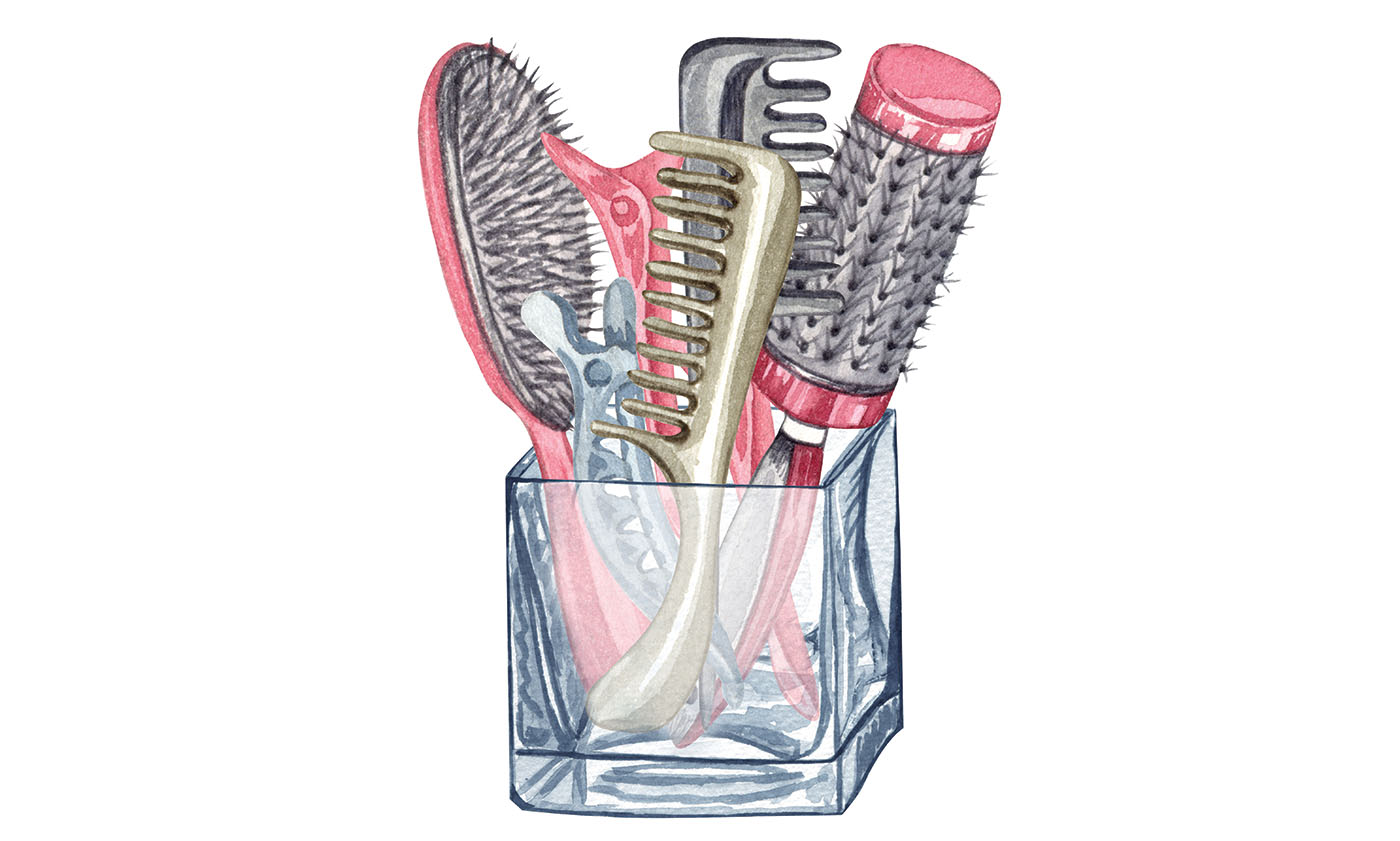 illustration of hair styling tools in a glass jar